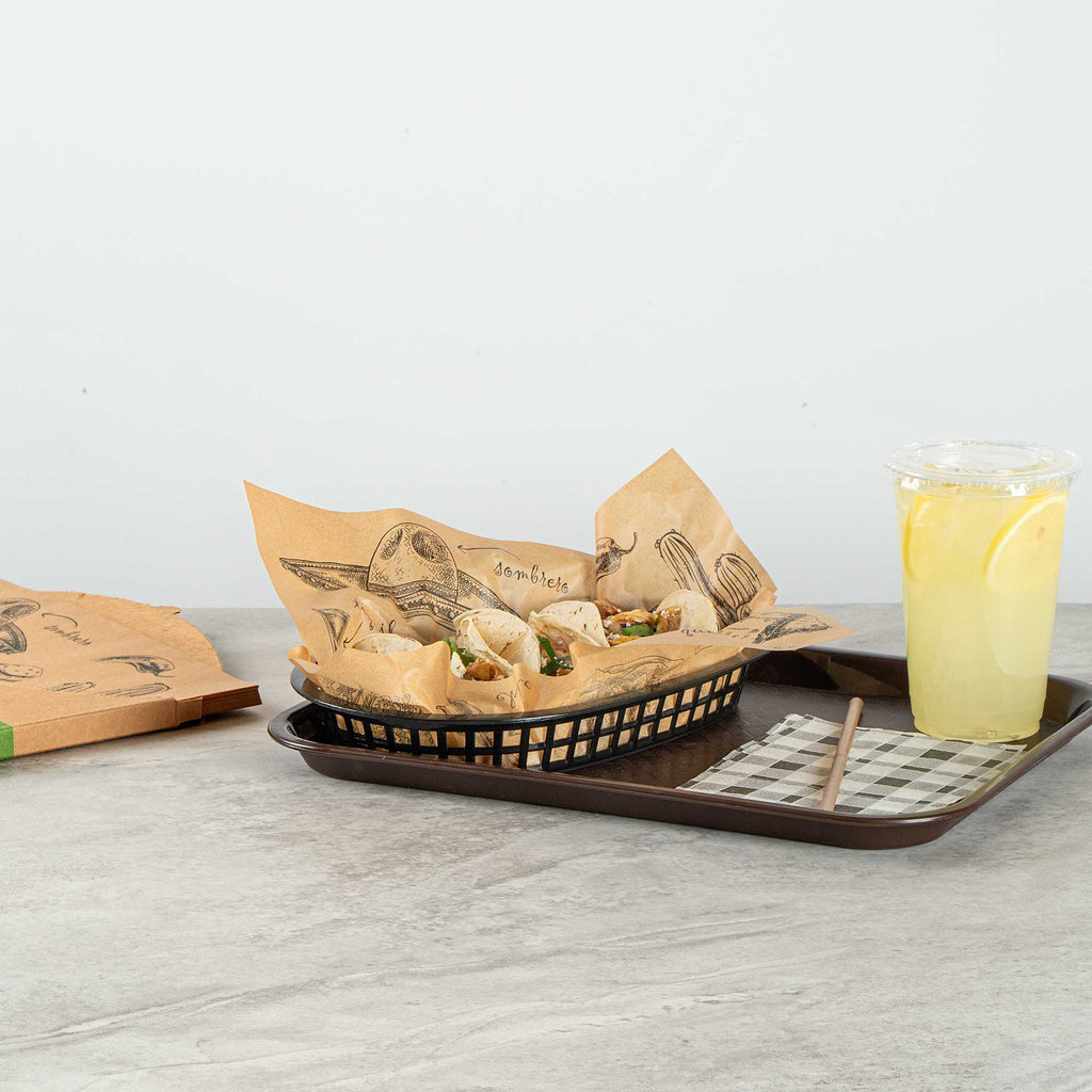 Chef 101 No PFAS Added Kraft Paper Taco Wrap and Chip Liner - Mexican Tradition, Greaseproof - 12" x 12" - 2000 count box