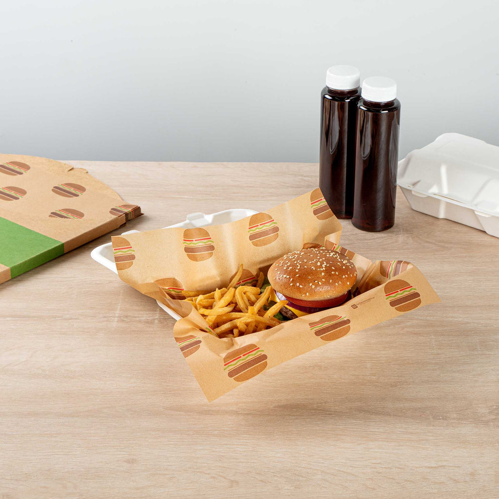 Chef 101 No PFAS Added Kraft Paper Food Wrap and Fry Basket Liner - Mini Burger, Greaseproof - 12" x 12" - 200 count box