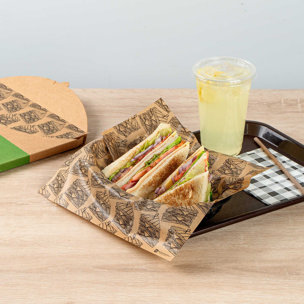 Chef 101 No PFAS Added Kraft Paper Sandwich Wrap and Fry Basket Liner - Triple Decker, Greaseproof - 12" x 12" - 200 count box