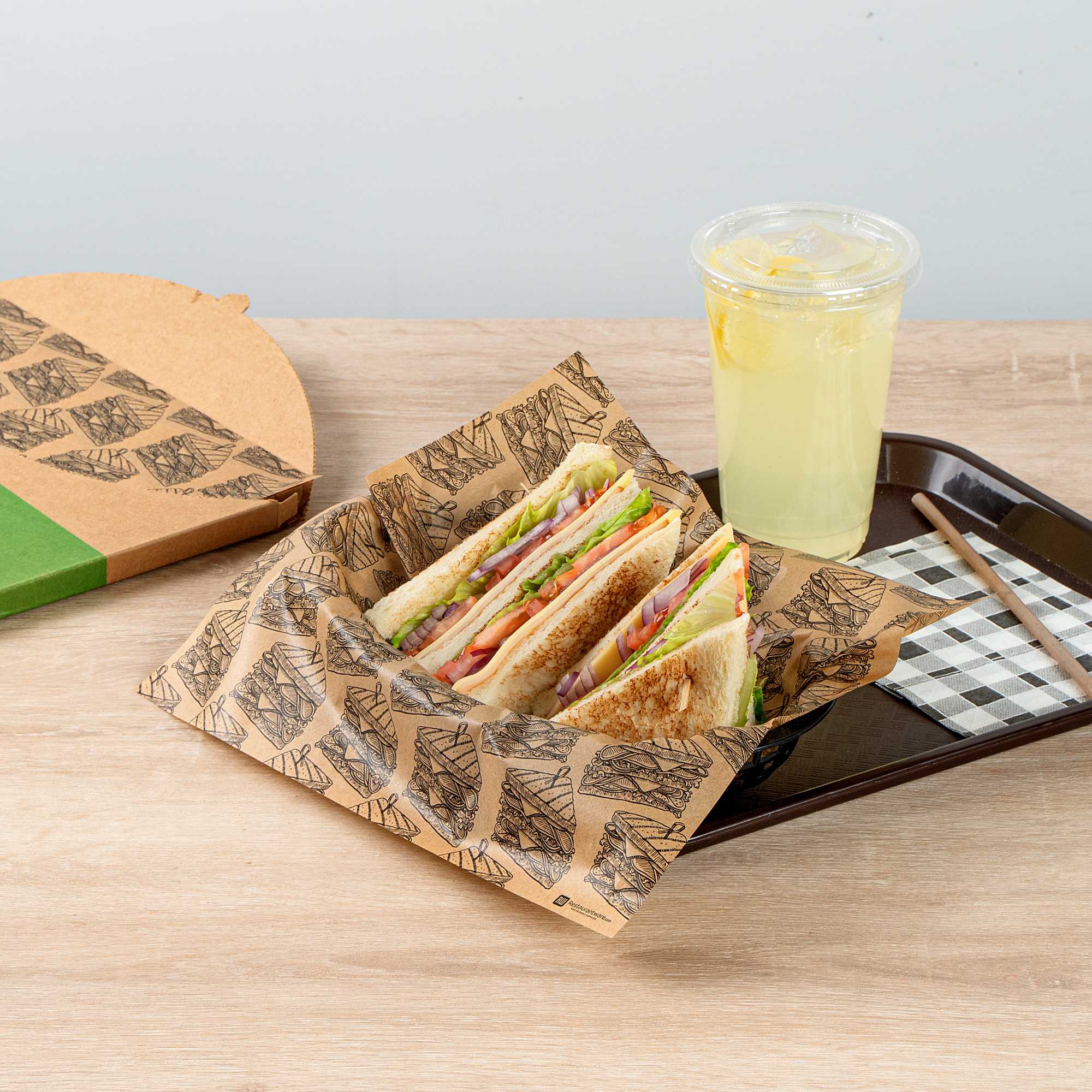 Chef 101 No PFAS Added Kraft Paper Sandwich Wrap and Fry Basket Liner - Triple Decker, Greaseproof - 12" x 12" - 200 count box