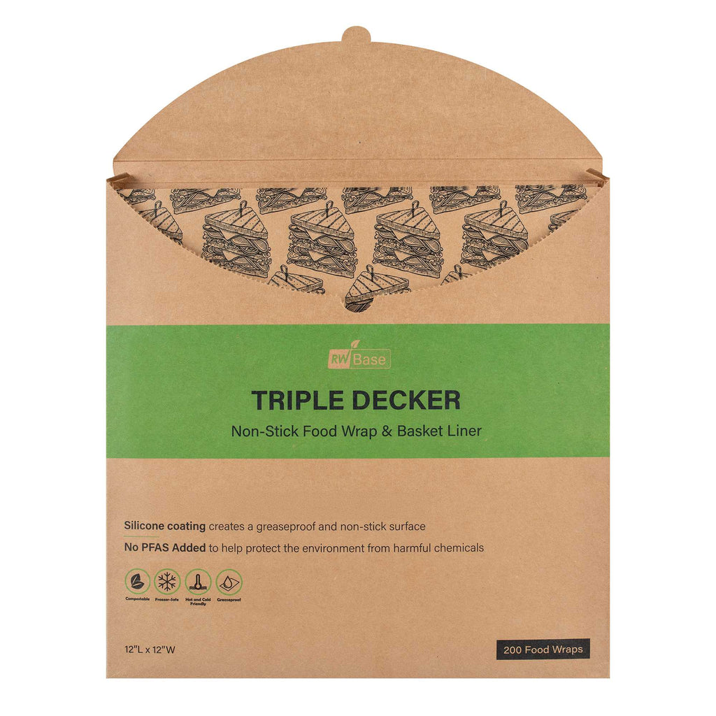 Chef 101 No PFAS Added Kraft Paper Sandwich Wrap and Fry Basket Liner - Triple Decker, Greaseproof - 12" x 12" - 200 count box