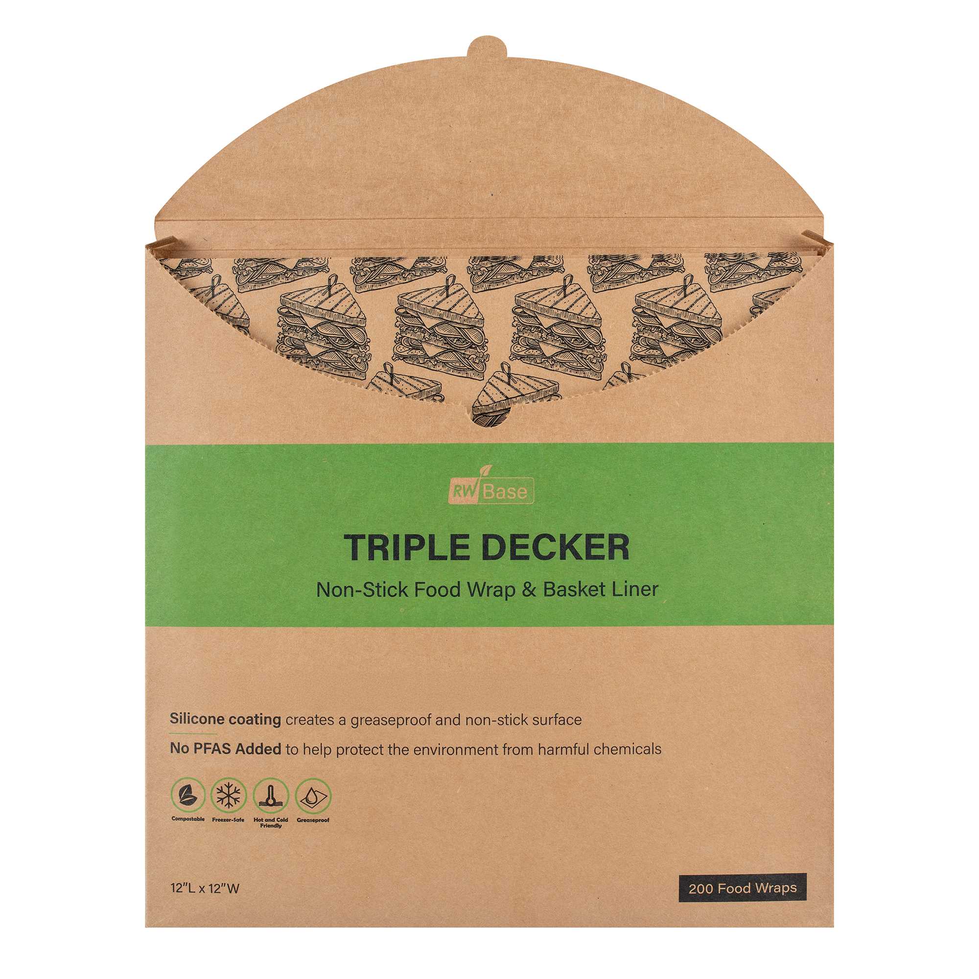 Chef 101 No PFAS Added Kraft Paper Sandwich Wrap and Fry Basket Liner - Triple Decker, Greaseproof - 12" x 12" - 200 count box