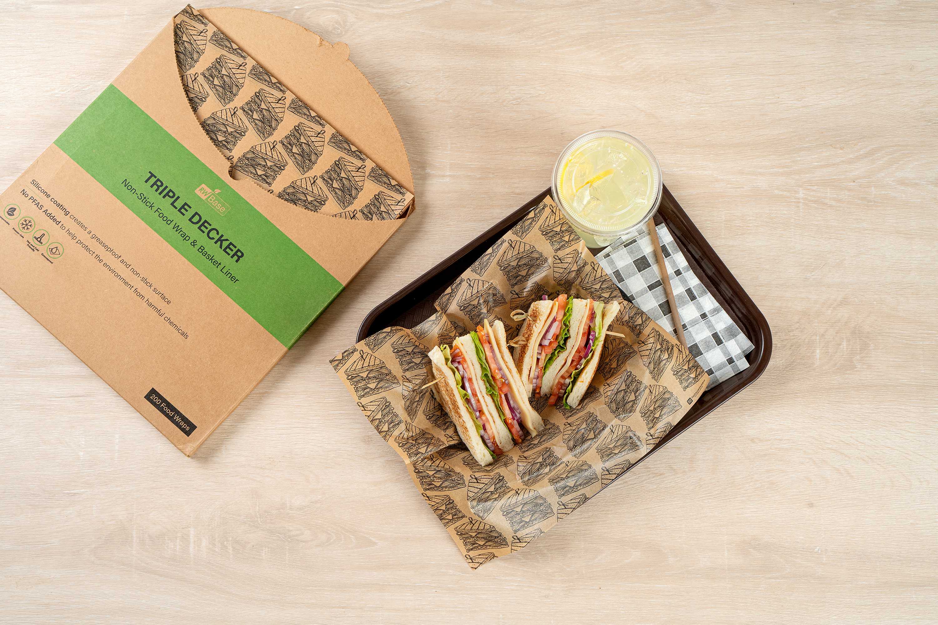 Chef 101 No PFAS Added Kraft Paper Sandwich Wrap and Fry Basket Liner - Triple Decker, Greaseproof - 12" x 12" - 2000 count box