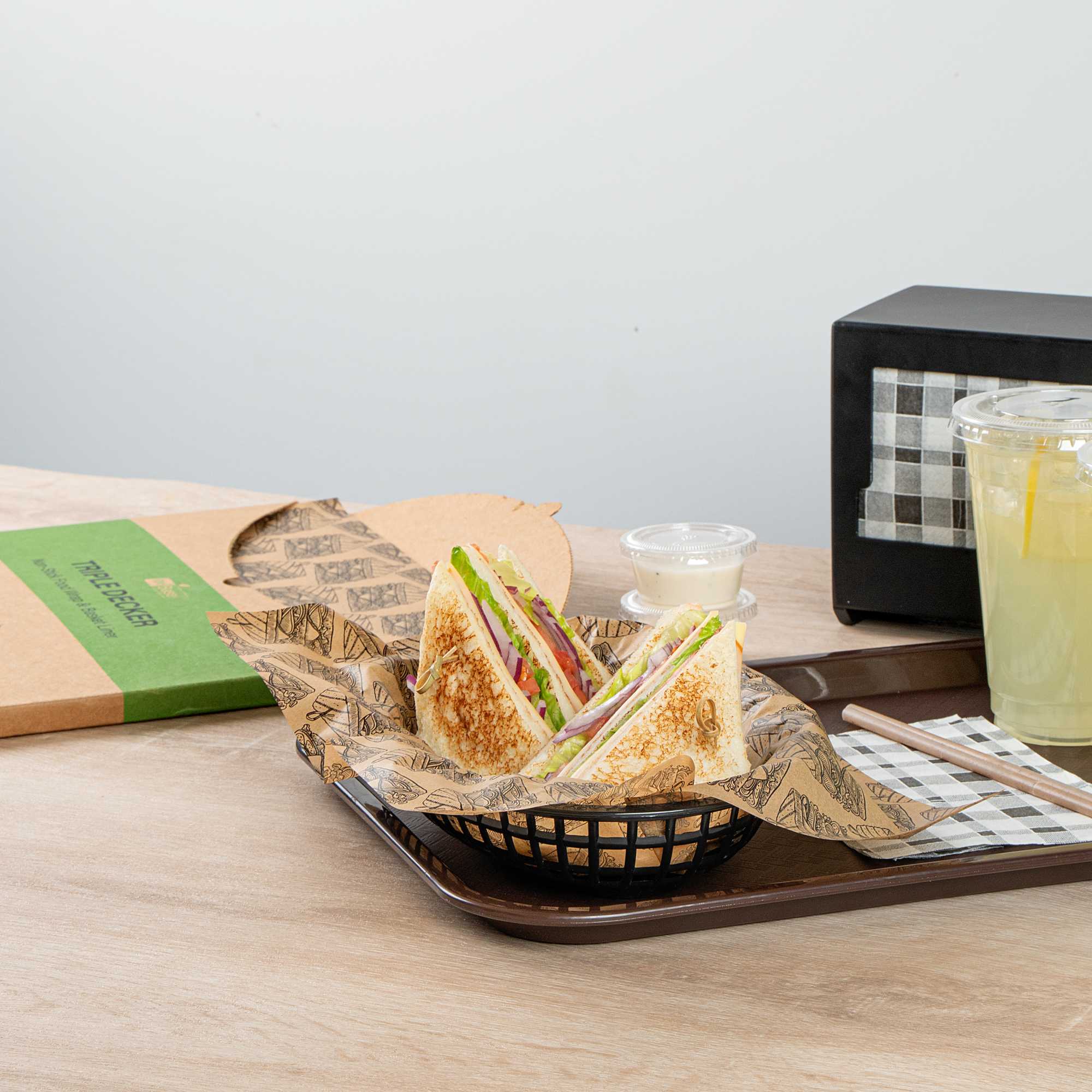 Chef 101 No PFAS Added Kraft Paper Sandwich Wrap and Fry Basket Liner - Triple Decker, Greaseproof - 12" x 12" - 2000 count box