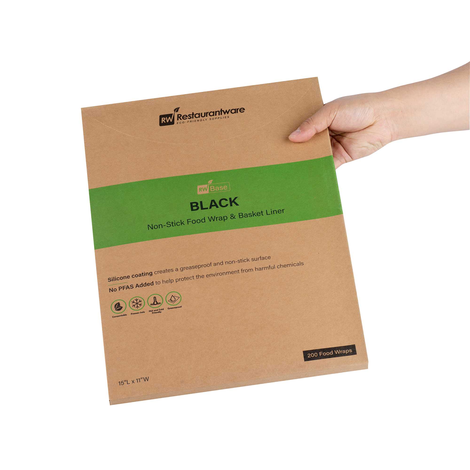 Chef 101 No PFAS Added Black Paper Food Wrap and Basket Liner - Greaseproof, Compostable - 15" x 11" - 200 count box
