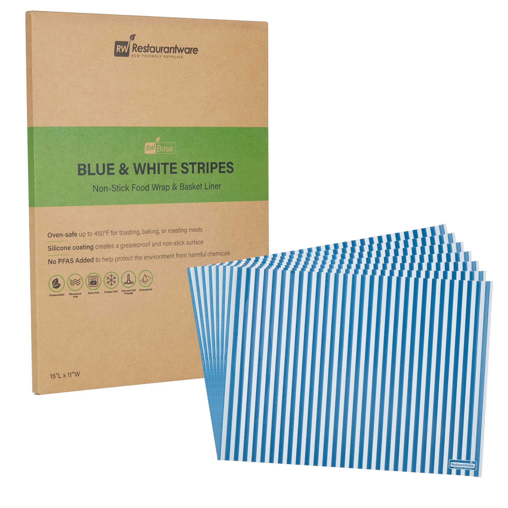 Chef 101 No PFAS Added Blue and White Stripe Paper Food Wrap and Basket Liner - Greaseproof - 15" x 11" - 200 count box