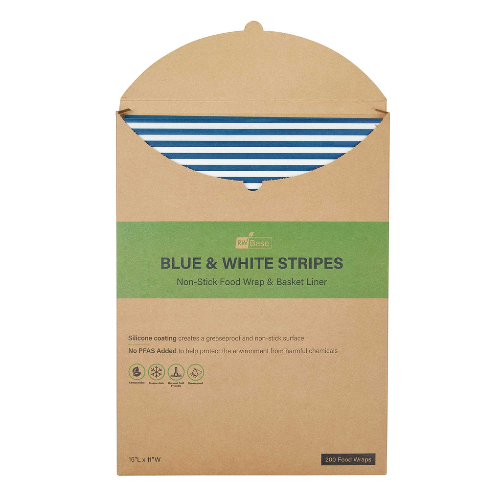Chef 101 No PFAS Added Blue and White Stripe Paper Food Wrap and Basket Liner - Greaseproof - 15" x 11" - 200 count box