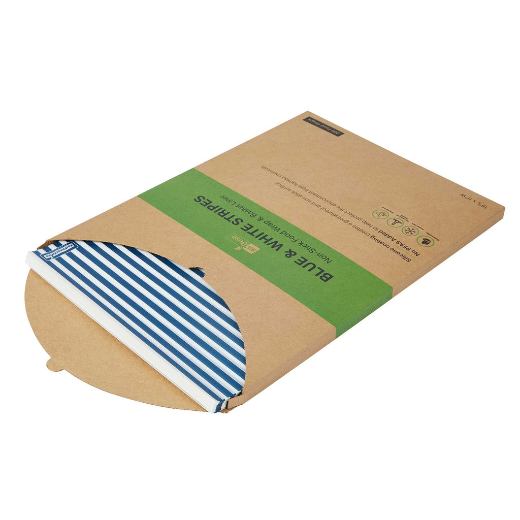 Chef 101 No PFAS Added Blue and White Stripe Paper Food Wrap and Basket Liner - Greaseproof - 15" x 11" - 200 count box