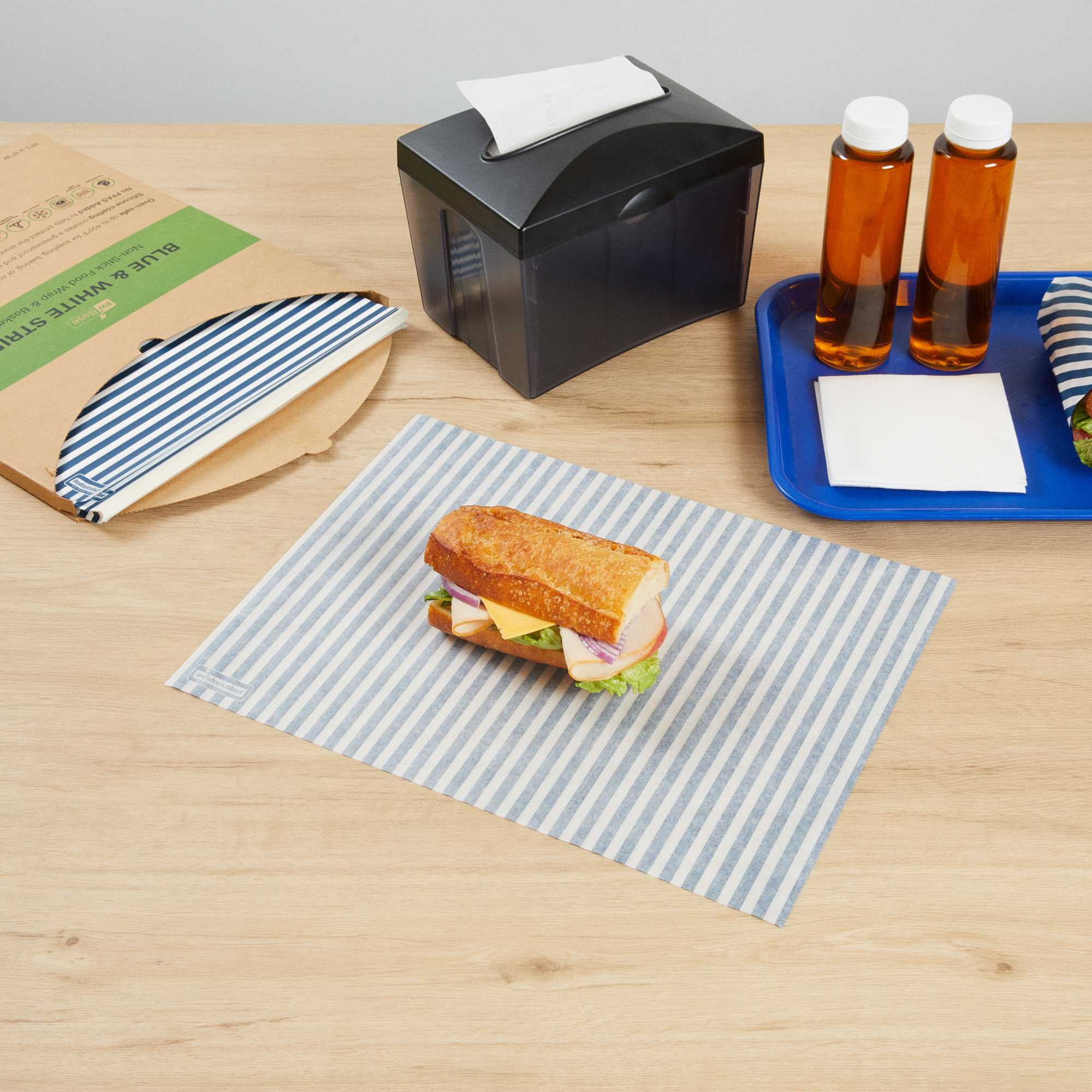 Chef 101 No PFAS Added Blue and White Stripe Paper Food Wrap and Basket Liner - Greaseproof - 15" x 11" - 200 count box