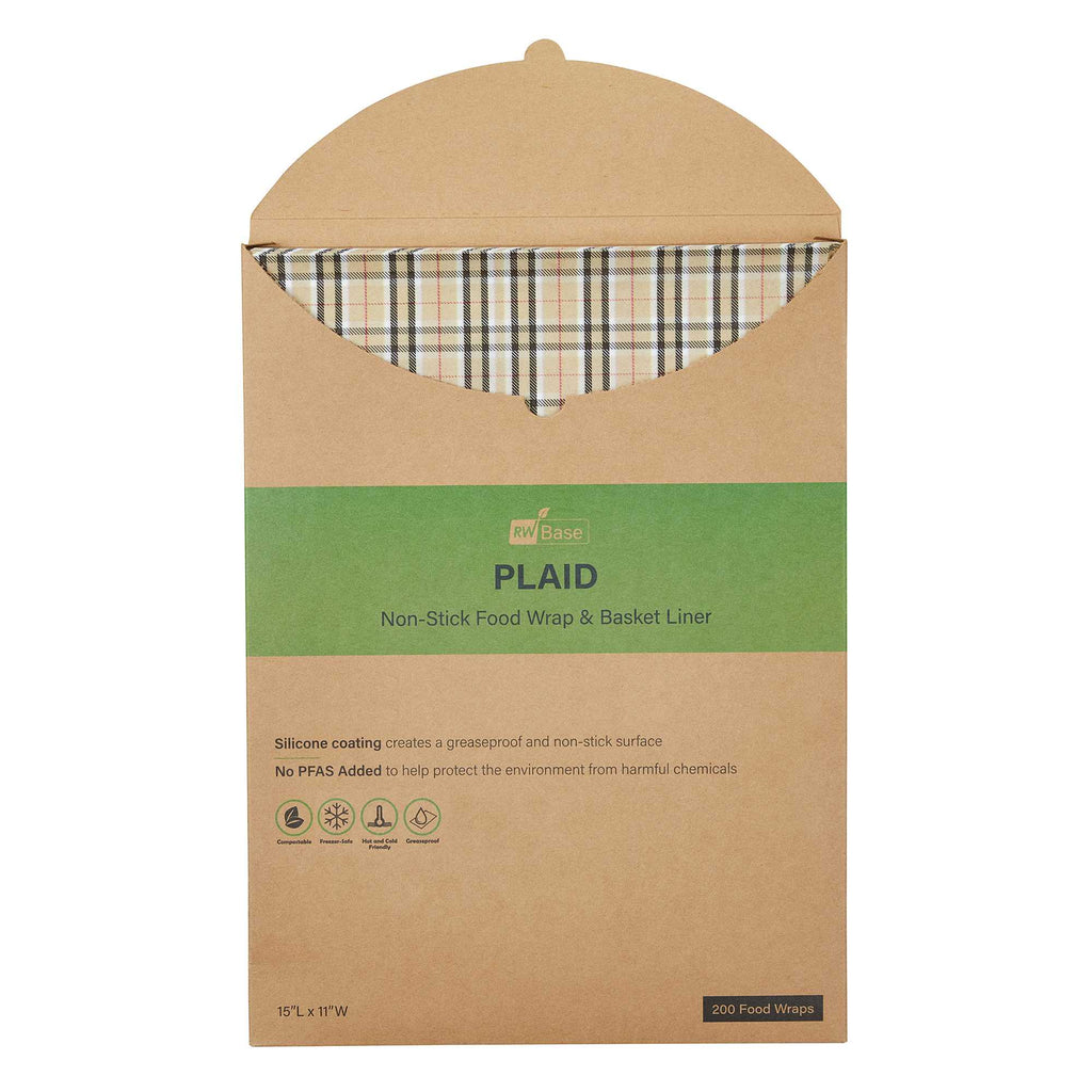 Chef 101 No PFAS Added Plaid Paper Food Wrap and Basket Liner - Greaseproof, Compostable - 15" x 11" - 200 count box