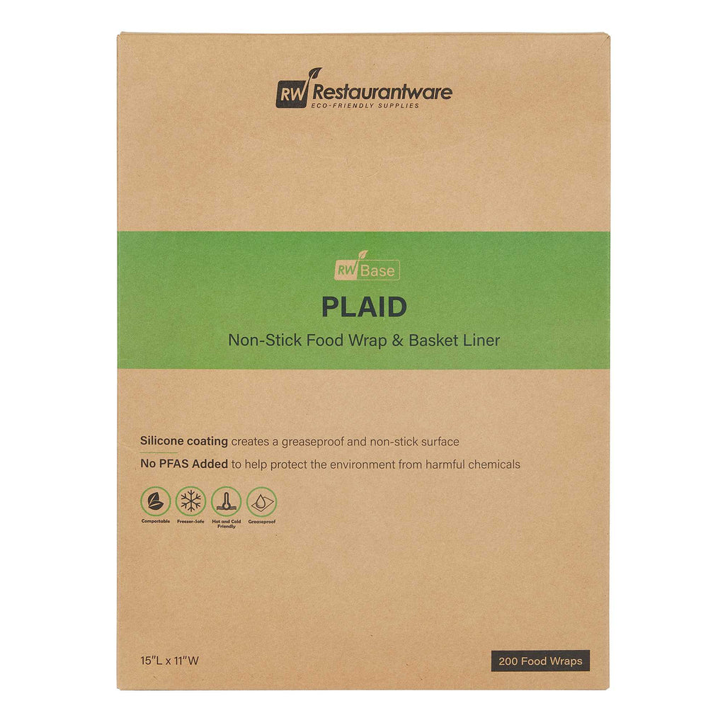 Chef 101 No PFAS Added Plaid Paper Food Wrap and Basket Liner - Greaseproof, Compostable - 15" x 11" - 200 count box