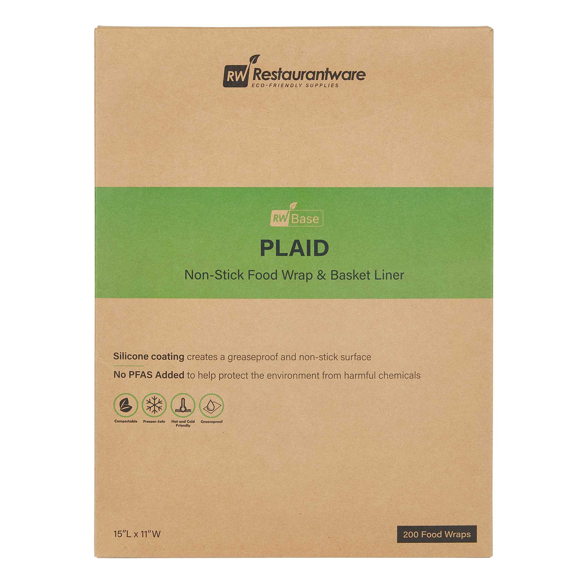 Chef 101 No PFAS Added Plaid Paper Food Wrap and Basket Liner - Greaseproof, Compostable - 15" x 11" - 200 count box