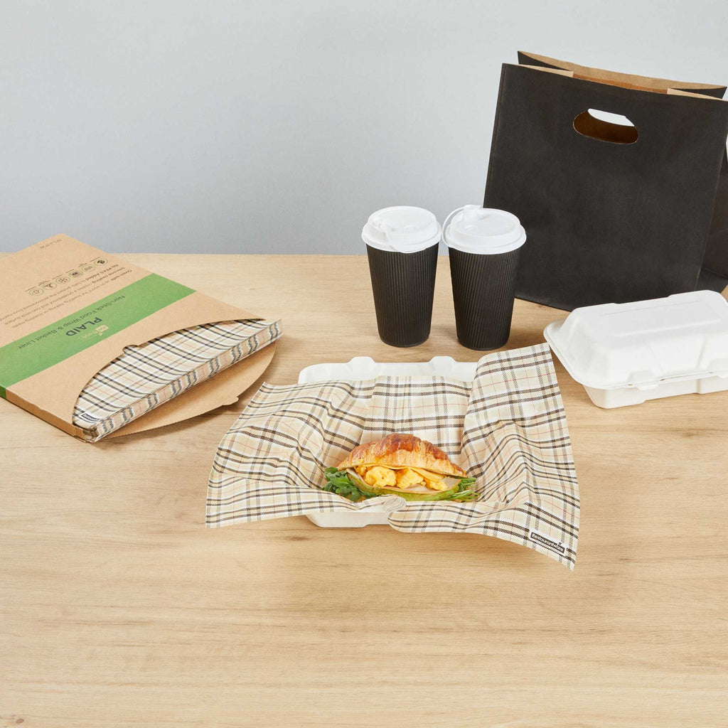 Chef 101 No PFAS Added Plaid Paper Food Wrap and Basket Liner - Greaseproof, Compostable - 15" x 11" - 200 count box