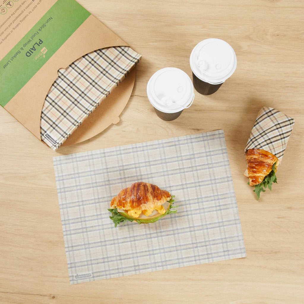 Chef 101 No PFAS Added Plaid Paper Food Wrap and Basket Liner - Greaseproof, Compostable - 15" x 11" - 2000 count box