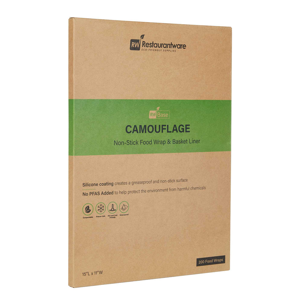 Chef 101 No PFAS Added Camouflage Paper Food Wrap and Basket Liner - Greaseproof, Compostable - 15" x 11" - 200 count box