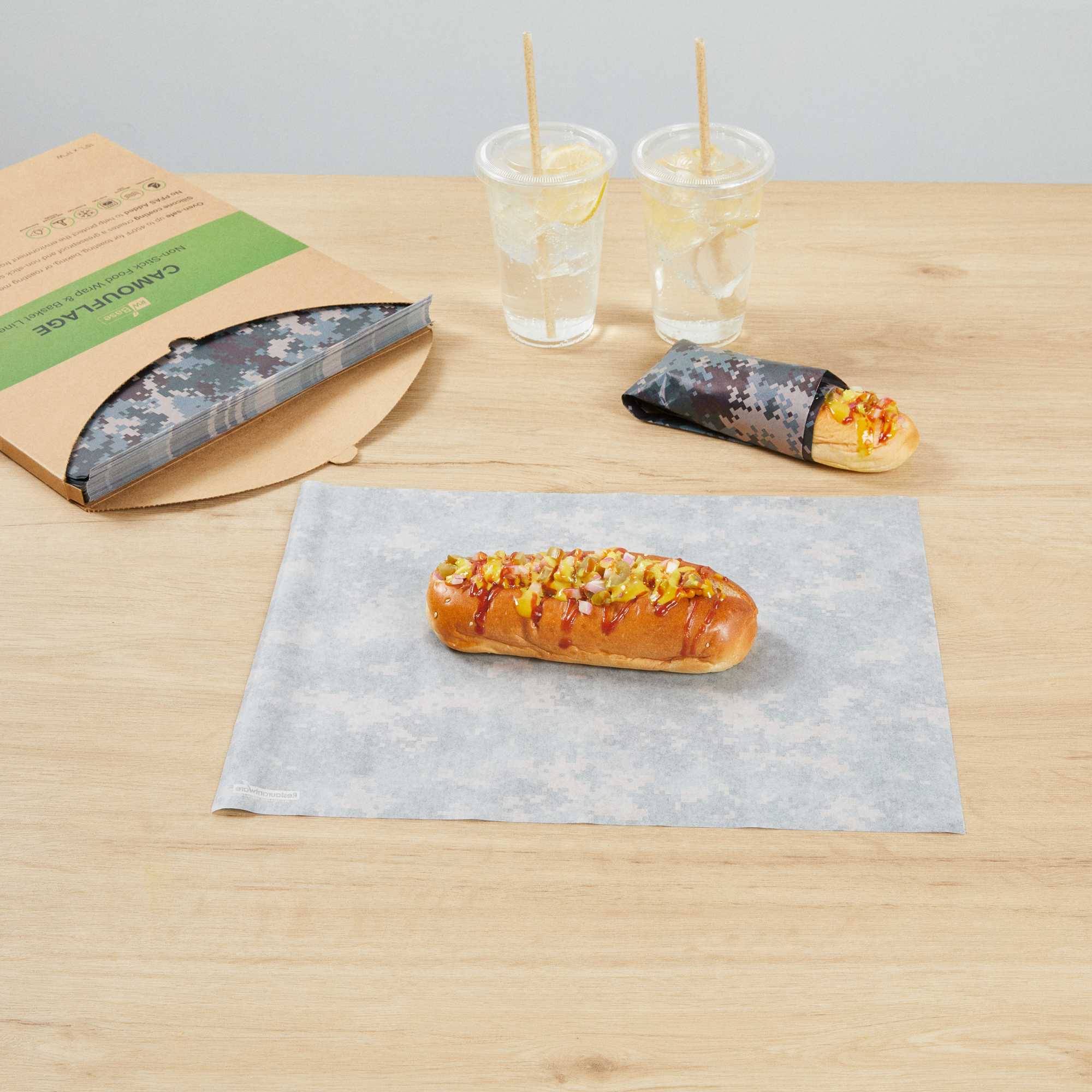Chef 101 No PFAS Added Camouflage Paper Food Wrap and Basket Liner - Greaseproof, Compostable - 15" x 11" - 2000 count box