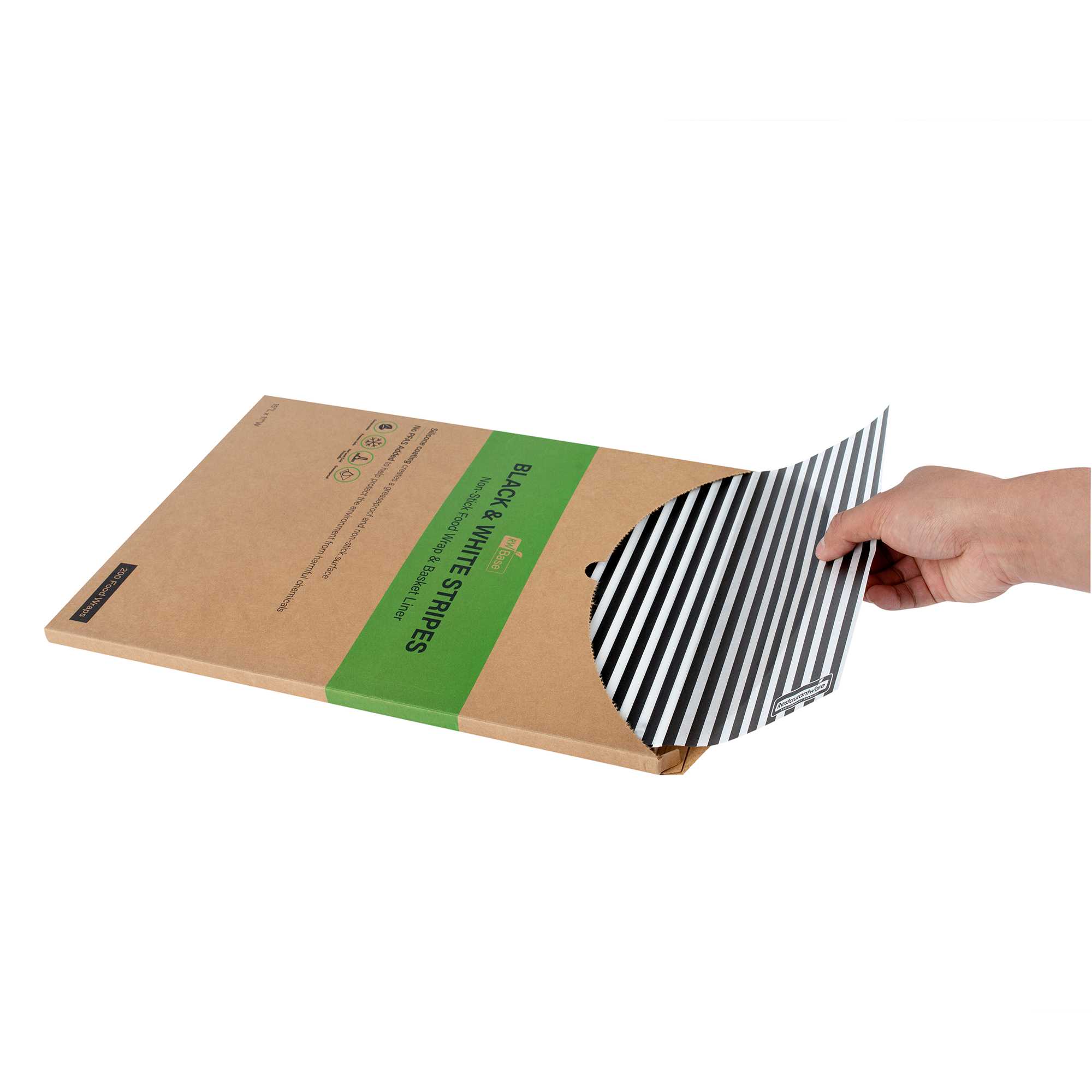 Chef 101 No PFAS Added Black and White Stripe Paper Food Wrap and Basket Liner - Greaseproof, Compostable - 15" x 11" - 200 count box