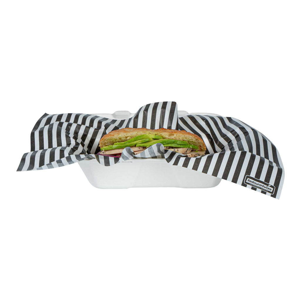 Chef 101 No PFAS Added Black and White Stripe Paper Food Wrap and Basket Liner - Greaseproof, Compostable - 15" x 11" - 200 count box