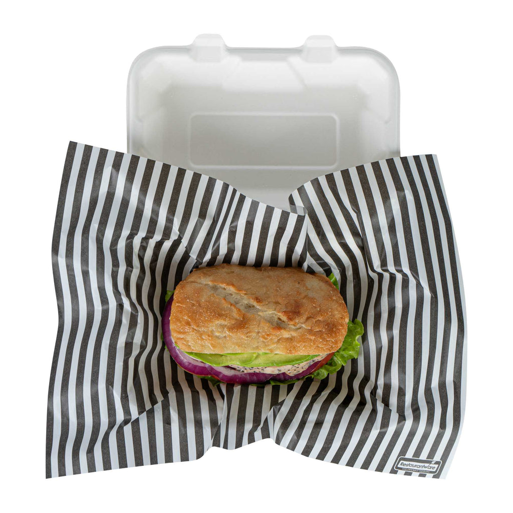 Chef 101 No PFAS Added Black and White Stripe Paper Food Wrap and Basket Liner - Greaseproof, Compostable - 15" x 11" - 200 count box