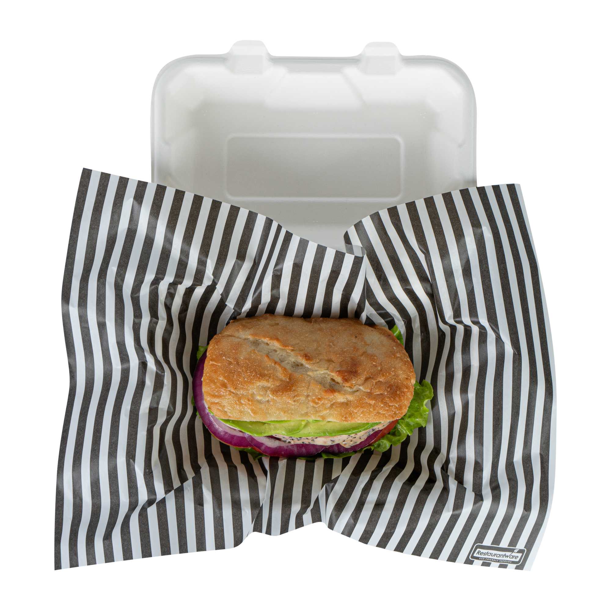 Chef 101 No PFAS Added Black and White Stripe Paper Food Wrap and Basket Liner - Greaseproof, Compostable - 15" x 11" - 200 count box