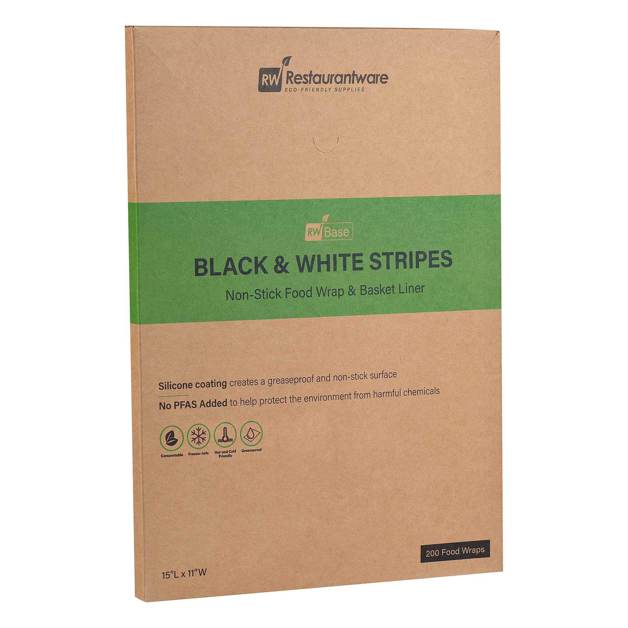 Chef 101 No PFAS Added Black and White Stripe Paper Food Wrap and Basket Liner - Greaseproof, Compostable - 15" x 11" - 200 count box