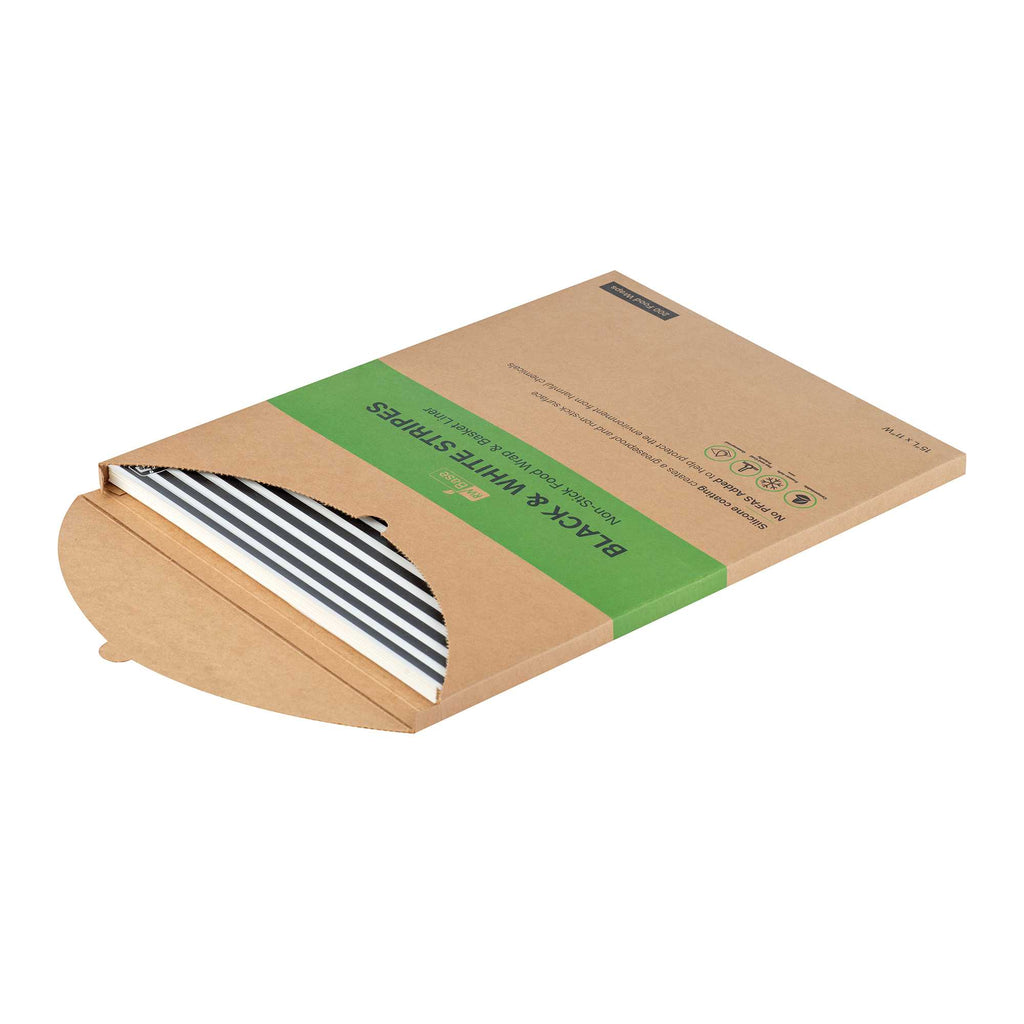 Chef 101 No PFAS Added Black and White Stripe Paper Food Wrap and Basket Liner - Greaseproof, Compostable - 15" x 11" - 200 count box