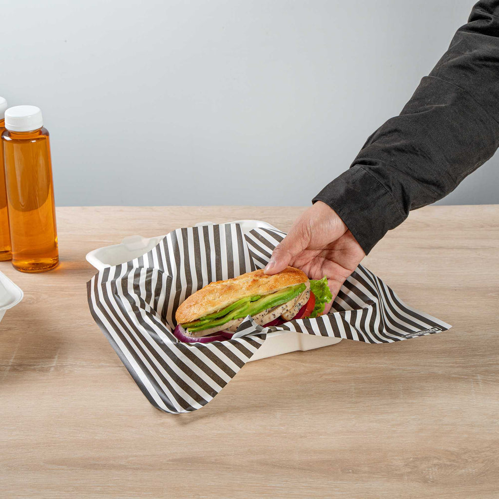 Chef 101 No PFAS Added Black and White Stripe Paper Food Wrap and Basket Liner - Greaseproof, Compostable - 15" x 11" - 200 count box