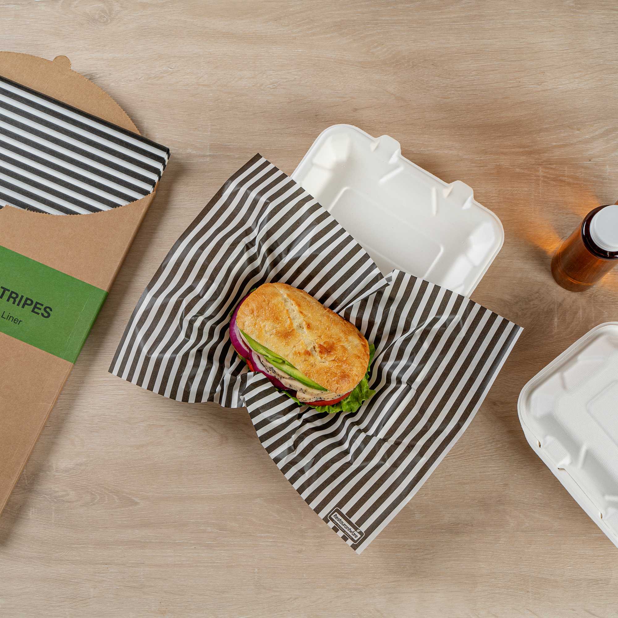 Chef 101 No PFAS Added Black and White Stripe Paper Food Wrap and Basket Liner - Greaseproof, Compostable - 15" x 11" - 200 count box