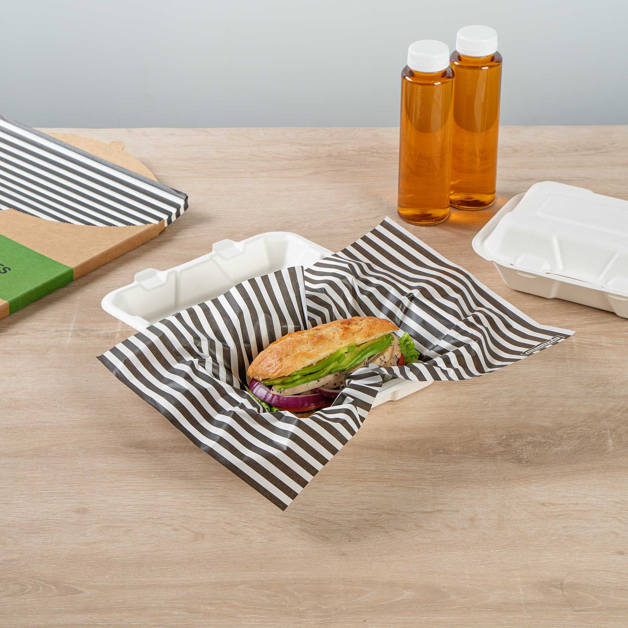 Chef 101 No PFAS Added Black and White Stripe Paper Food Wrap and Basket Liner - Greaseproof, Compostable - 15" x 11" - 2000 count box