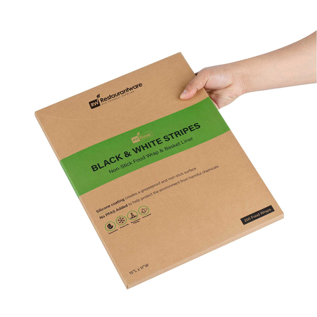 Chef 101 No PFAS Added Black and White Stripe Paper Food Wrap and Basket Liner - Greaseproof, Compostable - 15" x 11" - 2000 count box