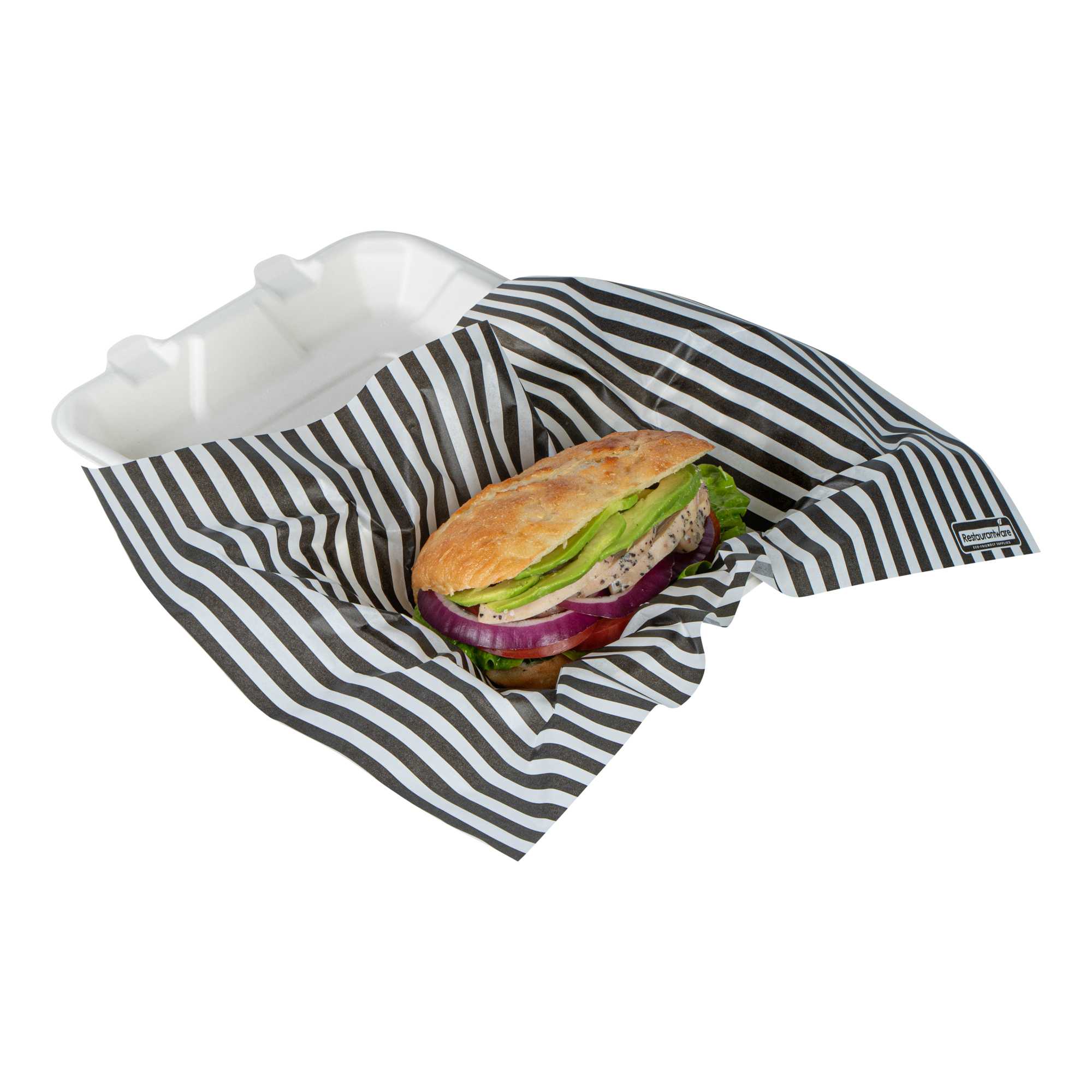 Chef 101 No PFAS Added Black and White Stripe Paper Food Wrap and Basket Liner - Greaseproof, Compostable - 15" x 11" - 2000 count box