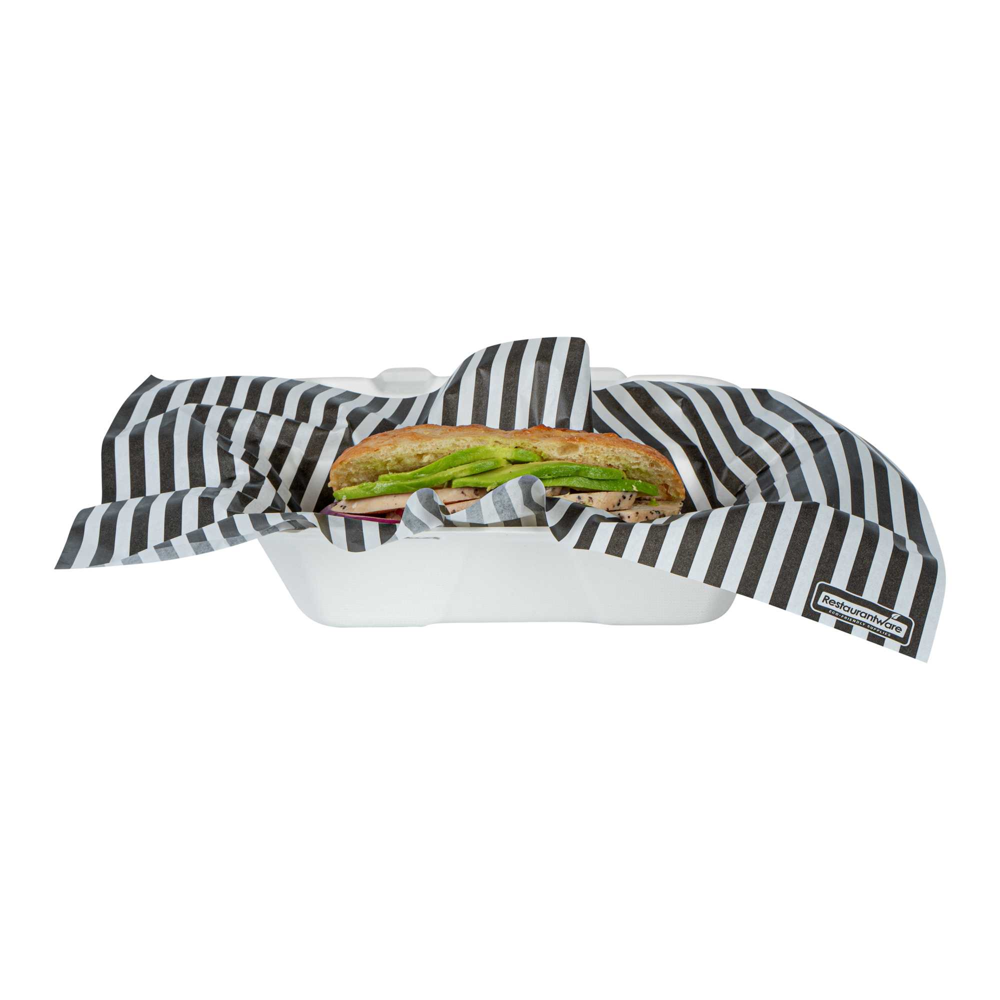 Chef 101 No PFAS Added Black and White Stripe Paper Food Wrap and Basket Liner - Greaseproof, Compostable - 15" x 11" - 2000 count box