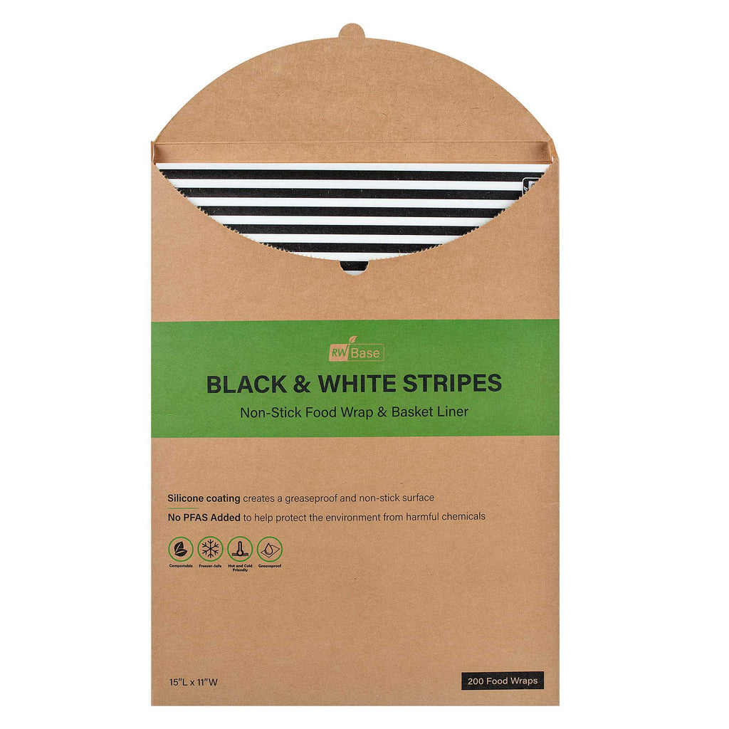 Chef 101 No PFAS Added Black and White Stripe Paper Food Wrap and Basket Liner - Greaseproof, Compostable - 15" x 11" - 2000 count box