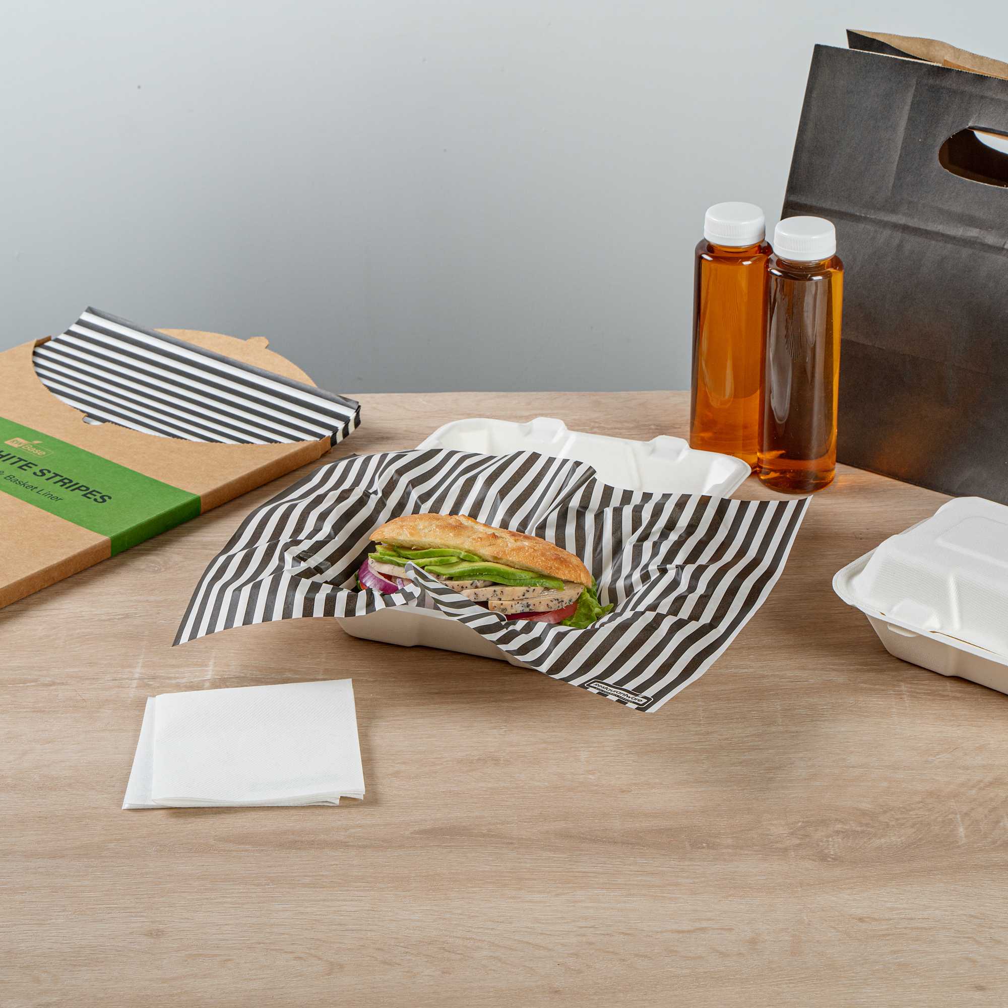 Chef 101 No PFAS Added Black and White Stripe Paper Food Wrap and Basket Liner - Greaseproof, Compostable - 15" x 11" - 2000 count box