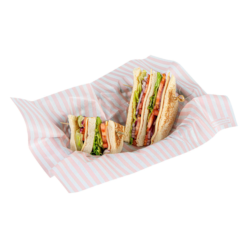 Chef 101 No PFAS Added Pink and White Stripe Paper Food Wrap and Basket Liner - Greaseproof, Compostable - 15" x 11" - 200 count box