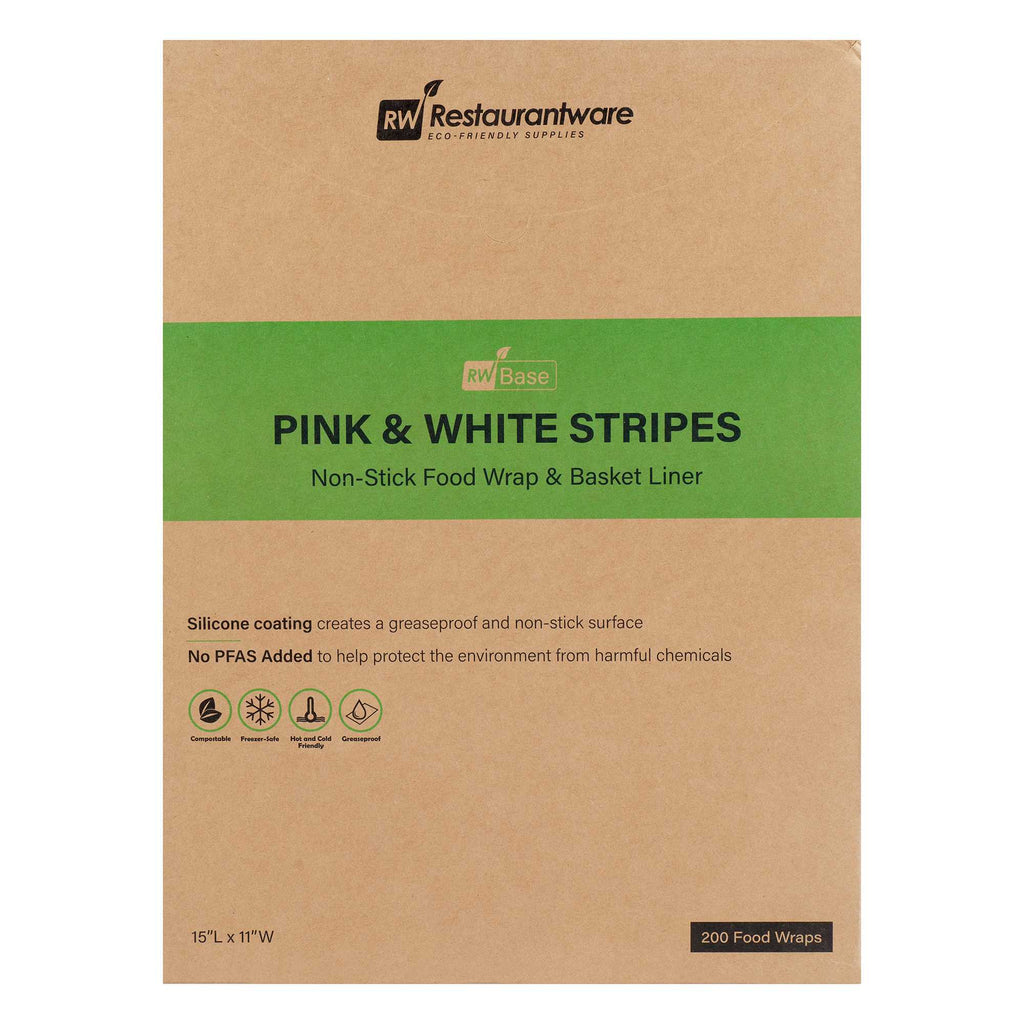 Chef 101 No PFAS Added Pink and White Stripe Paper Food Wrap and Basket Liner - Greaseproof, Compostable - 15" x 11" - 200 count box