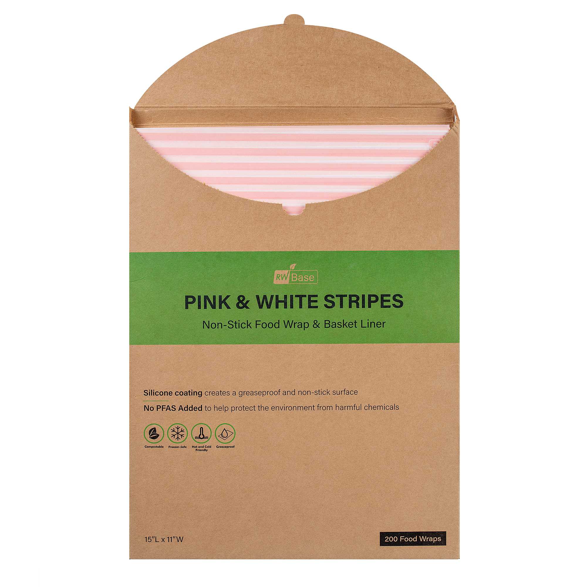 Chef 101 No PFAS Added Pink and White Stripe Paper Food Wrap and Basket Liner - Greaseproof, Compostable - 15" x 11" - 200 count box