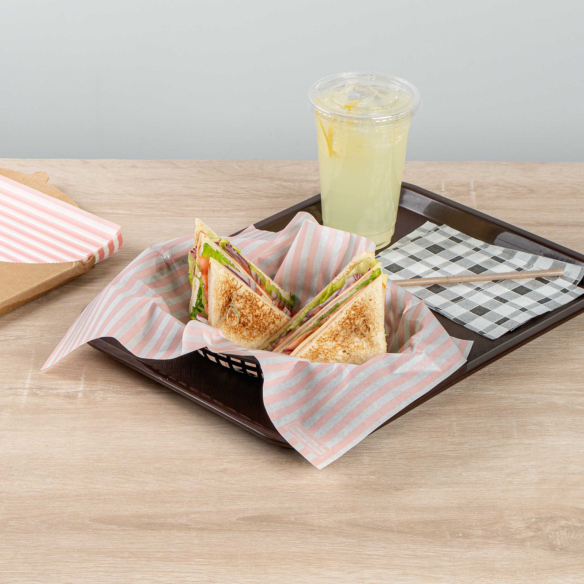 Chef 101 No PFAS Added Pink and White Stripe Paper Food Wrap and Basket Liner - Greaseproof, Compostable - 15" x 11" - 2000 count box
