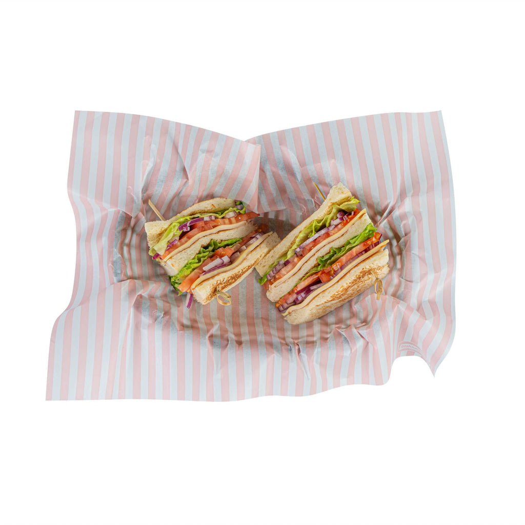 Chef 101 No PFAS Added Pink and White Stripe Paper Food Wrap and Basket Liner - Greaseproof, Compostable - 15" x 11" - 2000 count box