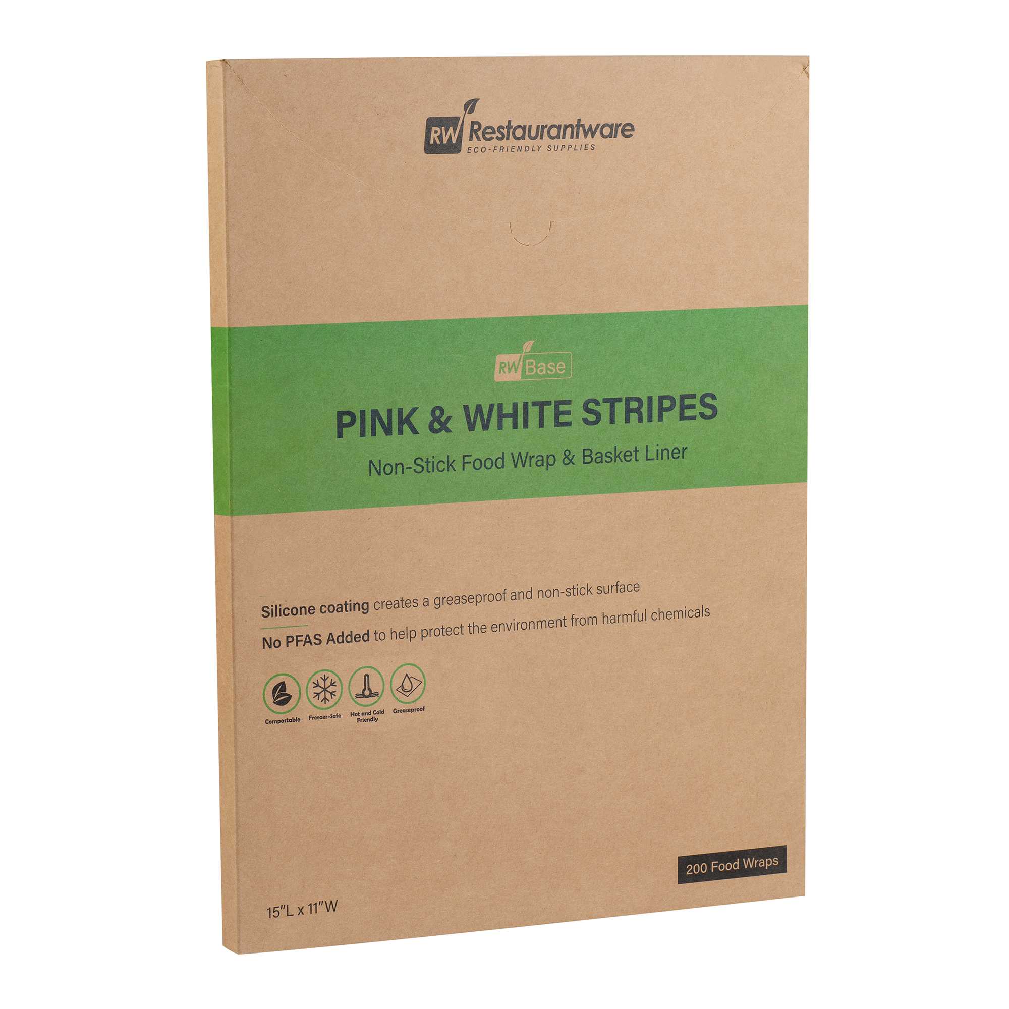 Chef 101 No PFAS Added Pink and White Stripe Paper Food Wrap and Basket Liner - Greaseproof, Compostable - 15" x 11" - 2000 count box