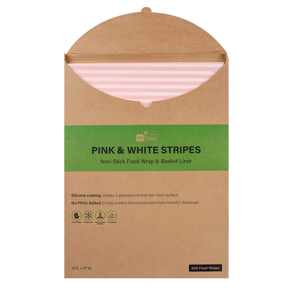 Chef 101 No PFAS Added Pink and White Stripe Paper Food Wrap and Basket Liner - Greaseproof, Compostable - 15" x 11" - 2000 count box