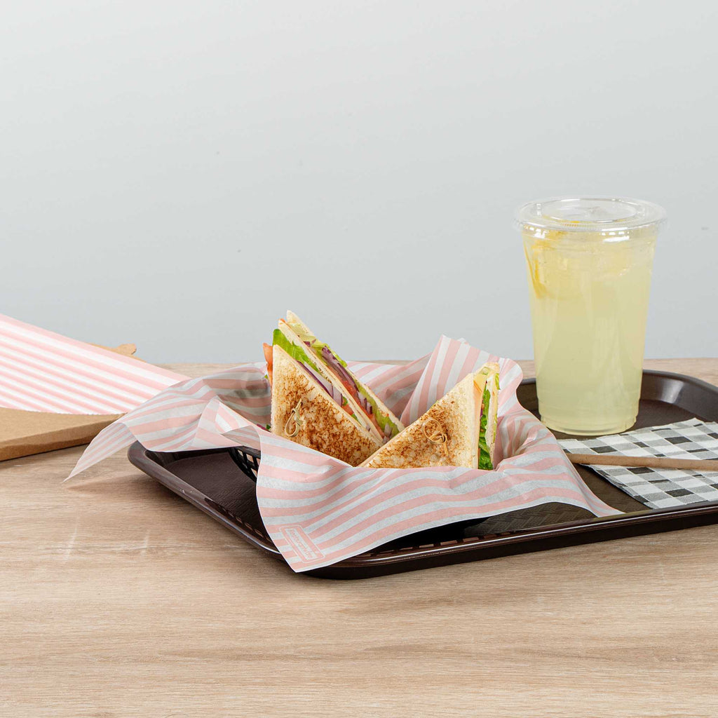 Chef 101 No PFAS Added Pink and White Stripe Paper Food Wrap and Basket Liner - Greaseproof, Compostable - 15" x 11" - 2000 count box