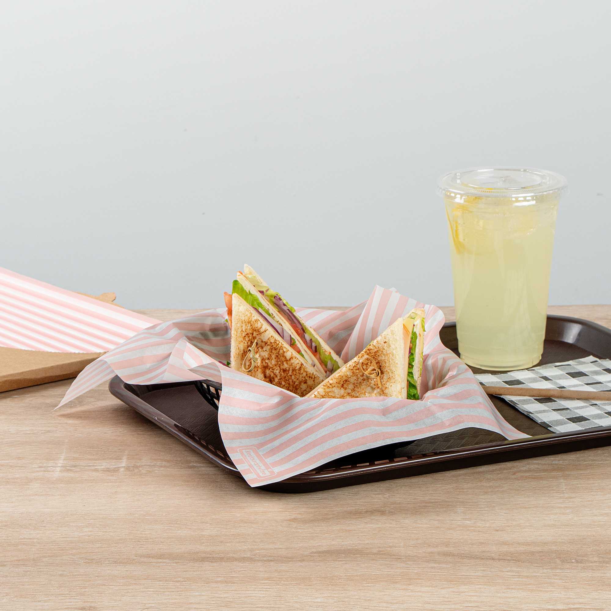 Chef 101 No PFAS Added Pink and White Stripe Paper Food Wrap and Basket Liner - Greaseproof, Compostable - 15" x 11" - 2000 count box
