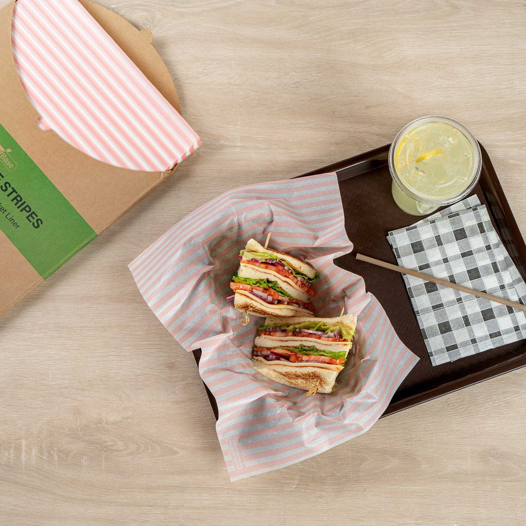 Chef 101 No PFAS Added Pink and White Stripe Paper Food Wrap and Basket Liner - Greaseproof, Compostable - 15" x 11" - 2000 count box