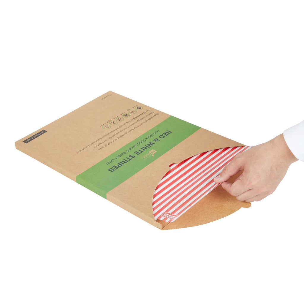 Chef 101 No PFAS Added Red and White Stripe Paper Food Wrap and Basket Liner - Greaseproof, Compostable - 15" x 11" - 200 count box