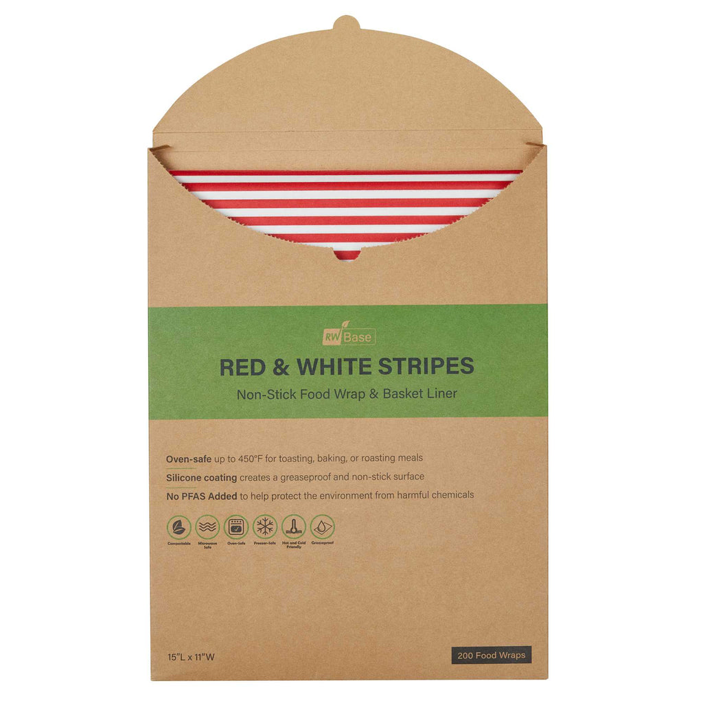 Chef 101 No PFAS Added Red and White Stripe Paper Food Wrap and Basket Liner - Greaseproof, Compostable - 15" x 11" - 200 count box