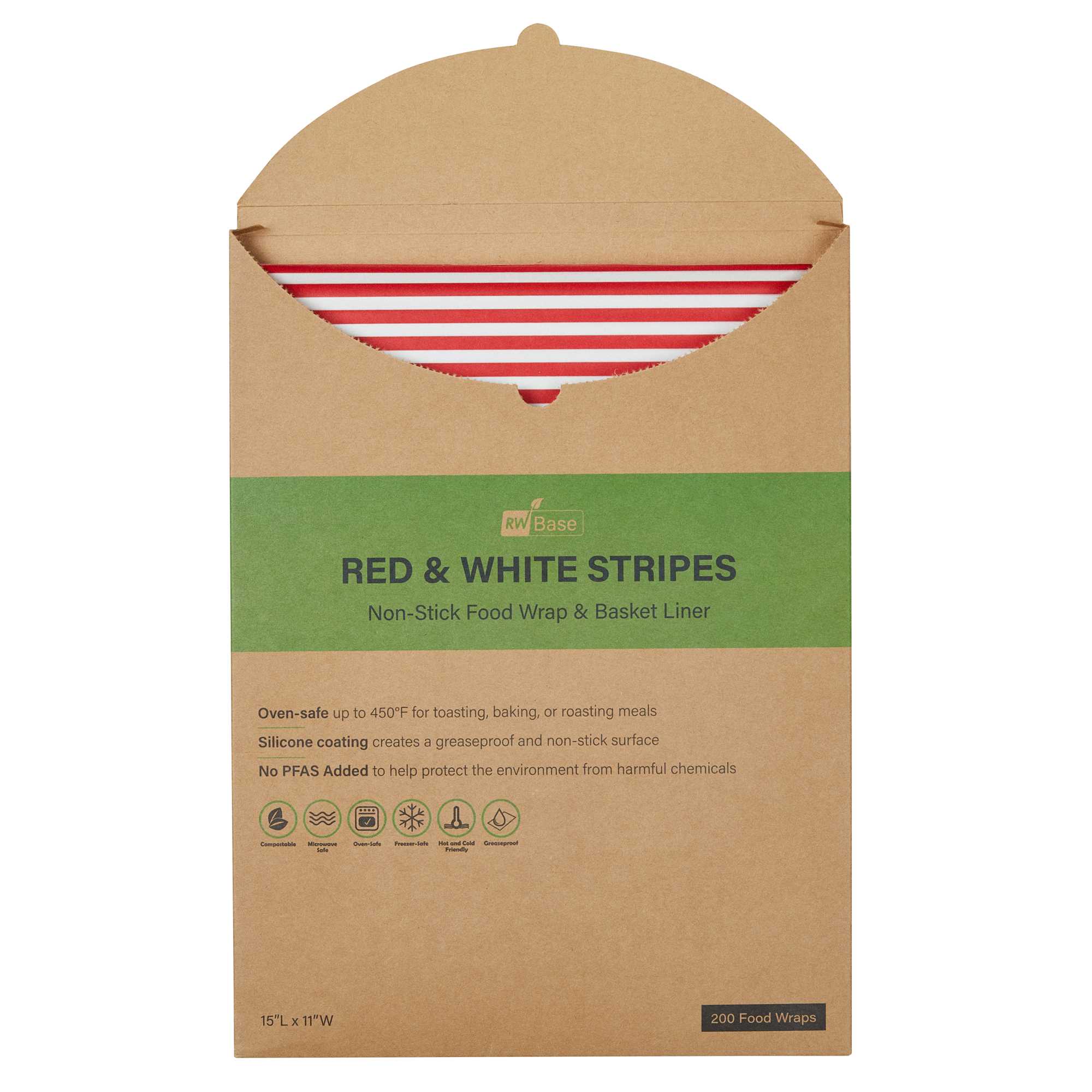 Chef 101 No PFAS Added Red and White Stripe Paper Food Wrap and Basket Liner - Greaseproof, Compostable - 15" x 11" - 200 count box