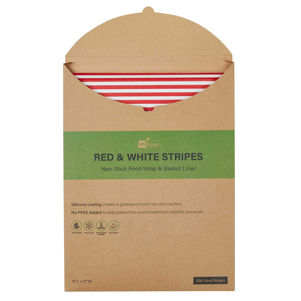 Chef 101 No PFAS Added Red and White Stripe Paper Food Wrap and Basket Liner - Greaseproof, Compostable - 15" x 11" - 200 count box