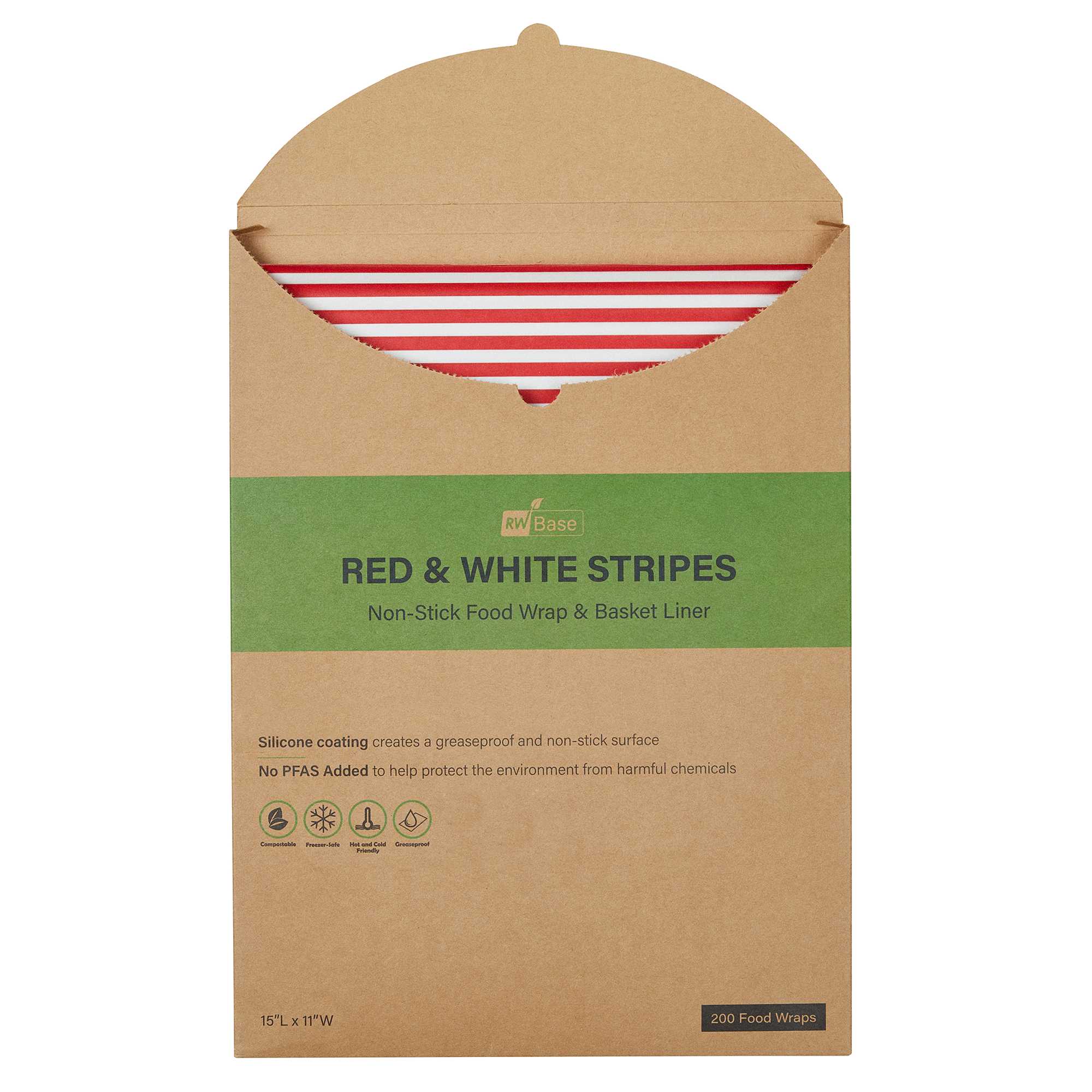 Chef 101 No PFAS Added Red and White Stripe Paper Food Wrap and Basket Liner - Greaseproof, Compostable - 15" x 11" - 200 count box