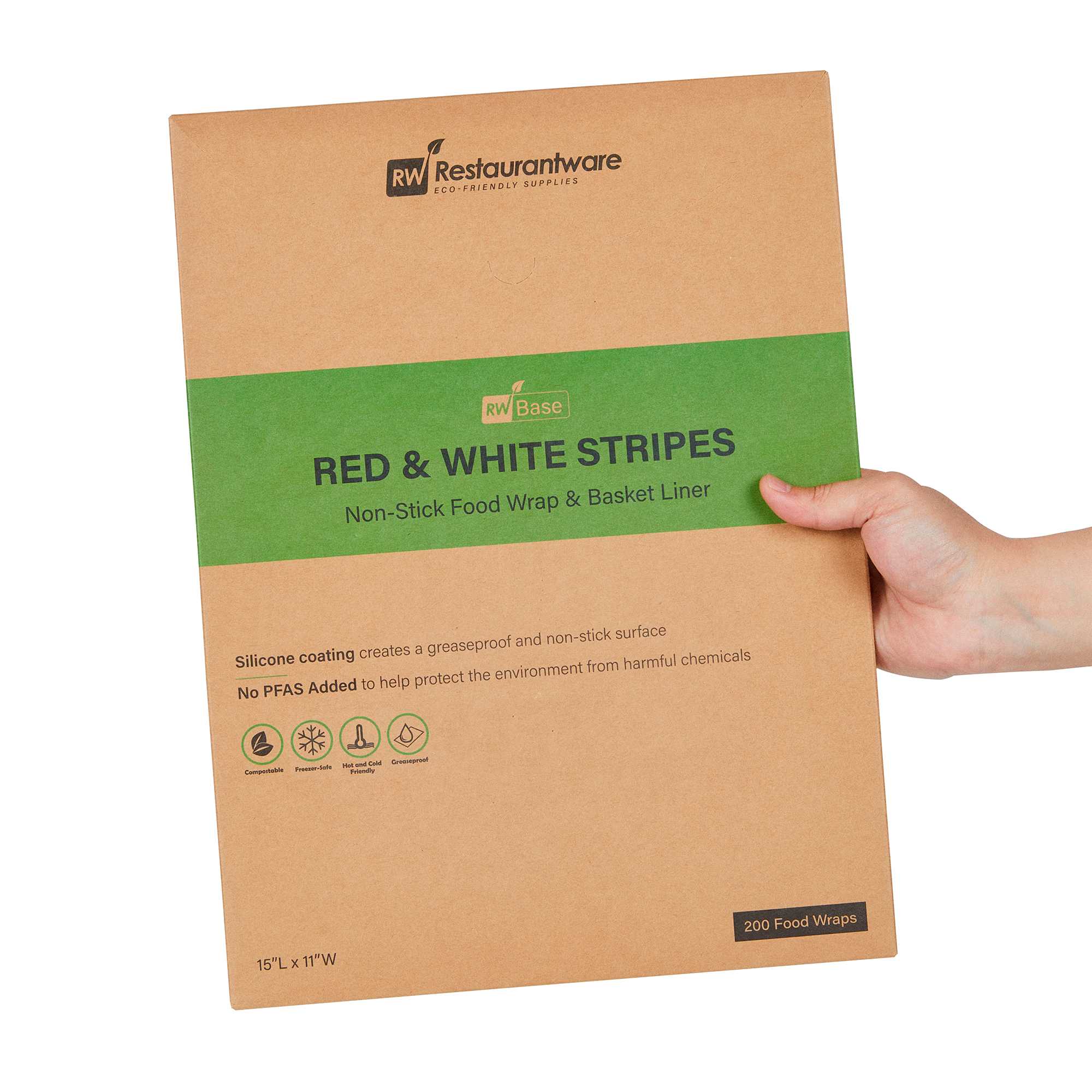 Chef 101 No PFAS Added Red and White Stripe Paper Food Wrap and Basket Liner - Greaseproof, Compostable - 15" x 11" - 200 count box